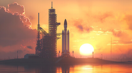 Aerospace rocket launchpad illuminated by sunrise with a dramatic sky and silhouette of rockets against the horizon