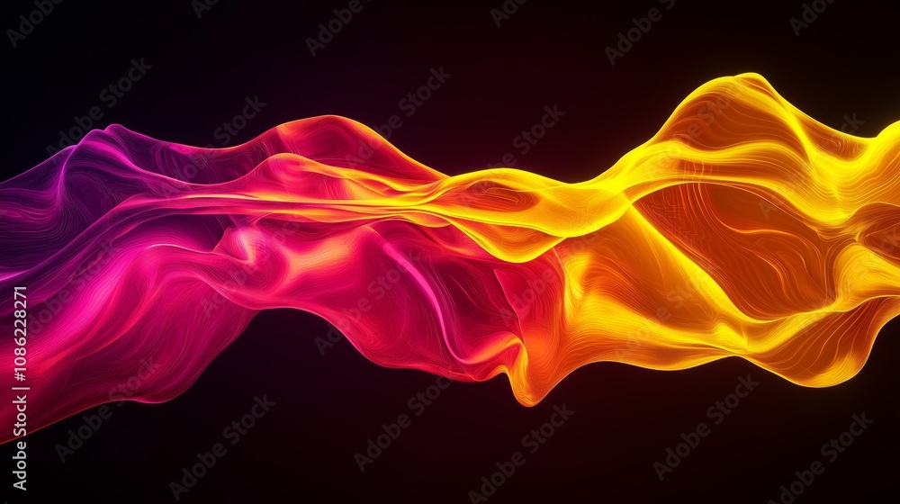 Poster dynamic flow of fiery crimson and golden waves in a gradient transition, capturing energy and motion
