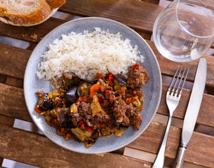 Stewed eggplants with minced meat and white rice