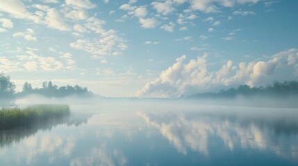 Obraz premium Serene Summer Landscape with Rivers and White Clouds in a Foggy Morning