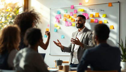 Professional presenting ideas on a sticky note-filled whiteboard to an engaged team.