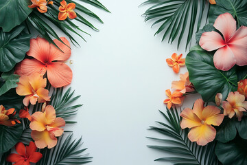 Naklejka premium Tropical Flowers and Palm Leaves Frame a Blank Space