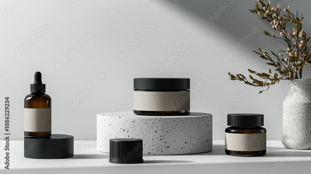Poster elegant mockup of skincare products displayed on minimalistic pedestals in a serene indoor setting