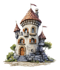 Fototapeta premium PNG A whimsical stone castle with a tower and flags