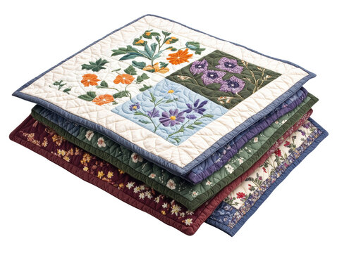A stack of beautifully embroidered quilts showcasing floral patterns and intricate designs in various colors.
