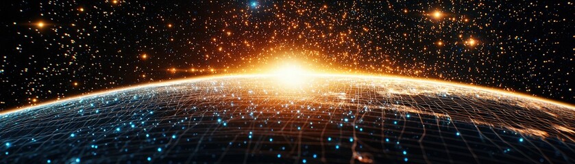 Obraz premium A stunning view of Earth from space, showcasing a radiant sunrise and twinkling stars against the dark cosmos.