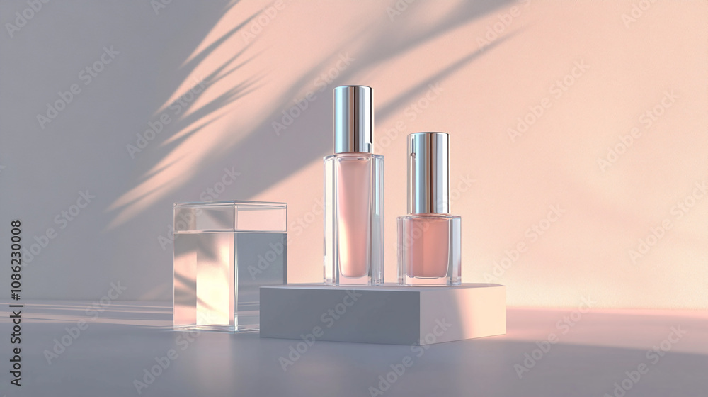 Poster stylish mockup of essential oils on a minimalist display with soft shadows and warm lighting