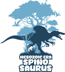 vector t-shirt design with Spinosaurus in jungle. Vector sticker with Spinosaurus and pterodactyl © Save Jungle