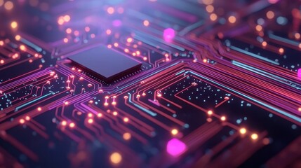 Obraz premium A close-up of a colorful circuit board, showcasing intricate pathways and luminous points, illustrating the beauty of technology and electronics.
