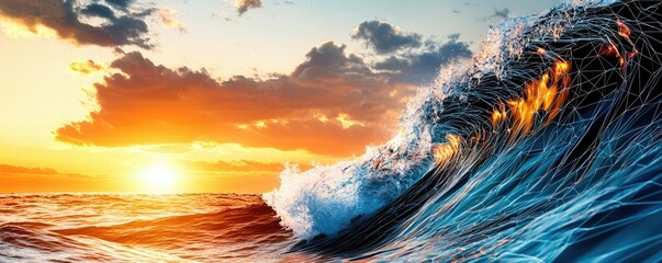 A stunning sunset over the ocean with vibrant colors illuminating crashing waves, creating a picturesque coastal scene.