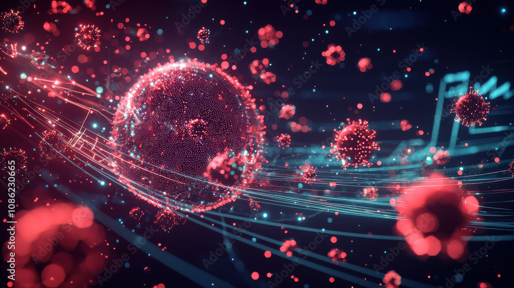 Poster digital representation of globe surrounded by vibrant particles and waves