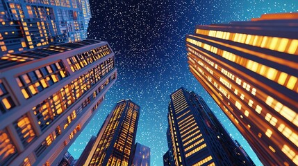 A vibrant city skyline at night, showcasing tall buildings illuminated against a starry sky with a deep blue backdrop.