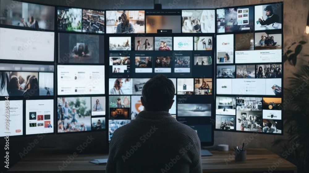 Fototapete a user engages with various social media platforms displayed on numerous screens in a contemporary o