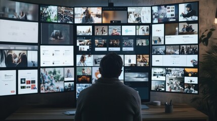 A user engages with various social media platforms displayed on numerous screens in a contemporary office setting. Generative AI