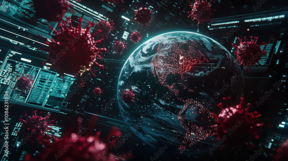 Poster digital representation of earth with virus particles in space, showcasing futuristic view