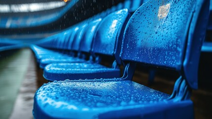 Rain drenched blue stadium seats await spectators