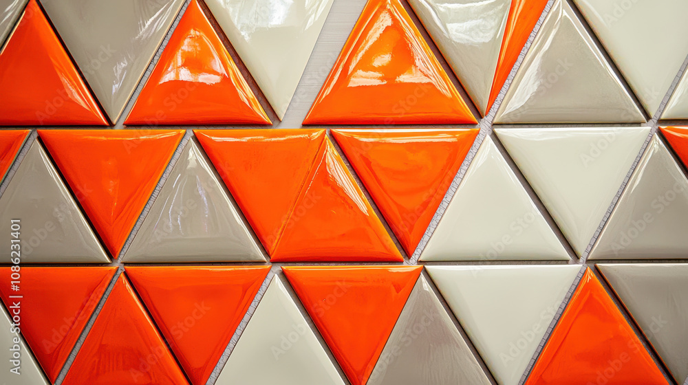 Poster geometric design with triangular tiles in orange and gray colors