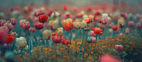 Toned Image of Outdoor Colorful Tulip Field with Shallow Depth of Field