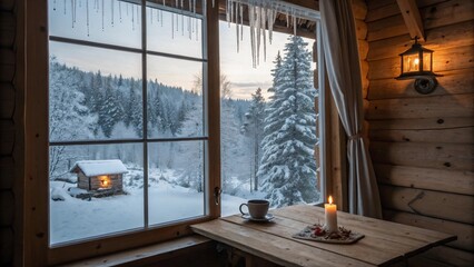 A view from inside the cottage showing a frosted window with icicles hanging outside