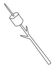 Marshmallows on a stick for frying on a fire - vector linear illustration for coloring. Outline. Marshmallow is a doodle or element for coloring. Sweet fried marshmallows.	