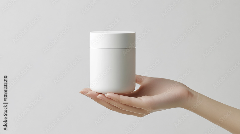 Poster clean and simple mockup of a white container held in a hand against a plain background