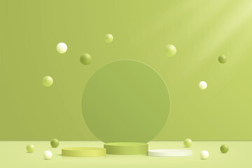 Vector 3d green podium group, pedestal, platform with spheres, realistic background for nature product display, presentation, advertising.