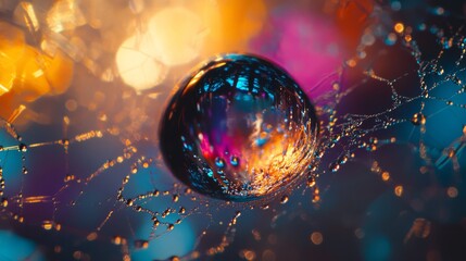 A single water droplet sits on a spider web, reflecting a vibrant background of blurry lights.