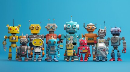 Fototapeta premium Cute robot using 3D modeling software on blue background, AI generated image