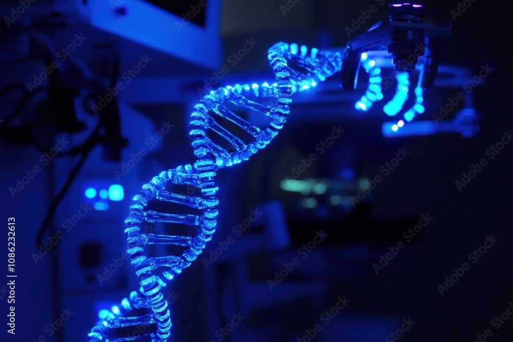 Poster A glowing DNA double helix model is displayed in a modern laboratory, highlighting cutting-edge genetic research technology during nighttime. Generative AI