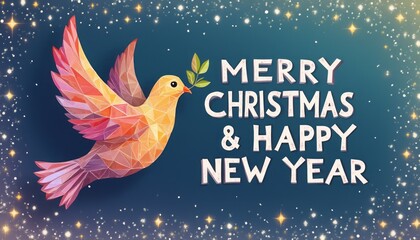 Fototapeta premium A vibrant, geometric dove soars gracefully against a starry, deep blue background, carrying a green olive branch in its beak. The festive message 
