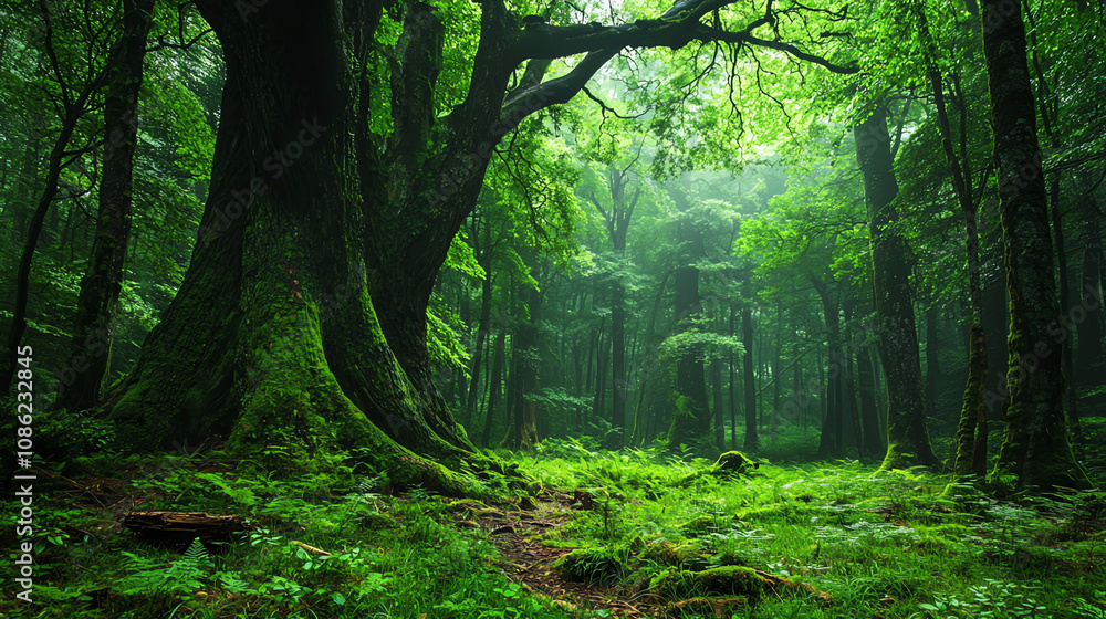 Poster ancient untouched forest with massive trees surrounded by lush greenery and dappled sunlight filteri