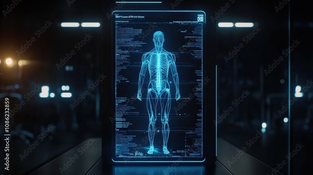 Poster the display showcases dna data and a human figure outline in a lab, highlighting genetic information