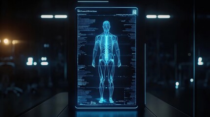 The display showcases DNA data and a human figure outline in a lab, highlighting genetic information and biological structures. Generative AI