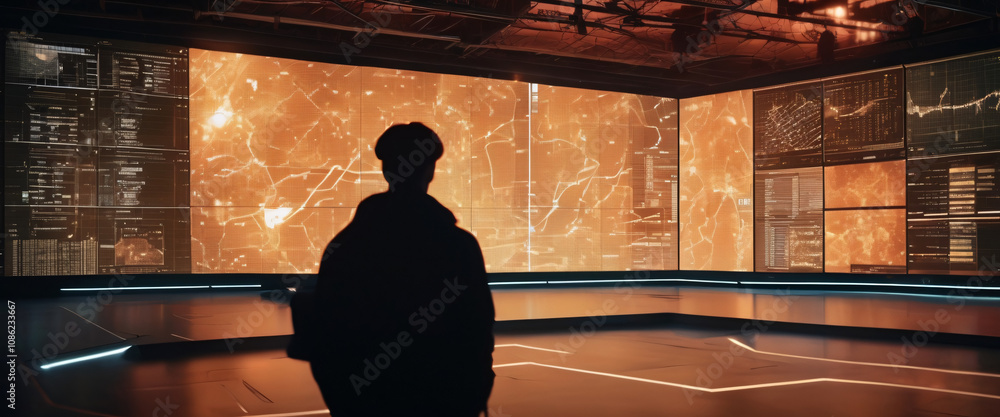 Poster a silhouette of a person standing in front of a giant digital screen with a flow of data showing var