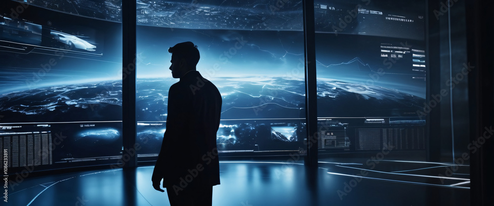 Poster a silhouette of a person standing in front of a giant digital screen with a flow of data showing var