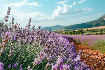 Naklejka premium Serene Lavender Fields Under a Clear Blue Sky