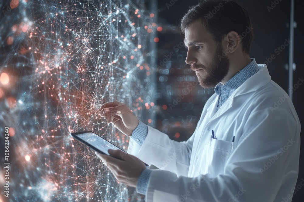 Poster a doctor wearing a white coat examines a digital interface with glowing data points, showcasing adva