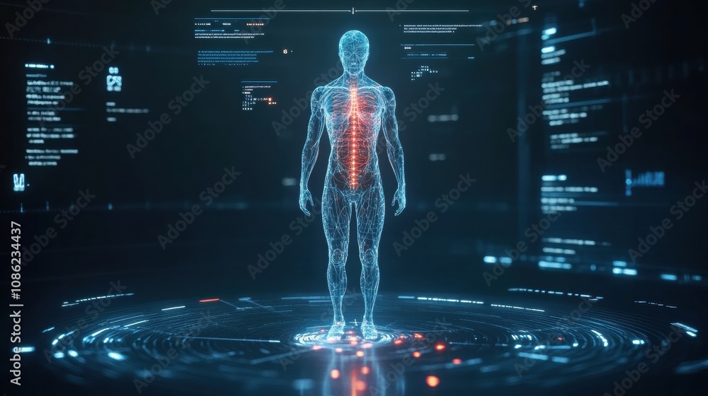 Aufkleber A transparent figure displays the intricate DNA structure and nervous system highlighted in a modern virtual lab environment. Generative AI