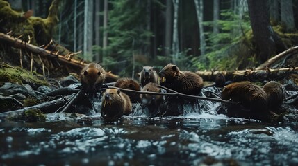 Beavers building dam in a forest stream their strong teeth and hardworking nature showcasing their engineering skills