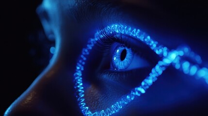 The focus is on a human eye surrounded by vibrant blue light, emphasizing details and symbolizing connections to DNA in a dark environment. Generative AI