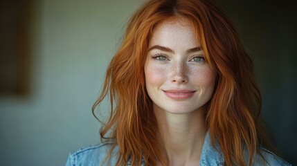 Fototapeta premium Joyful redhead in a denim jacket radiates happiness in a bright studio portrait, showcasing her youthful style.