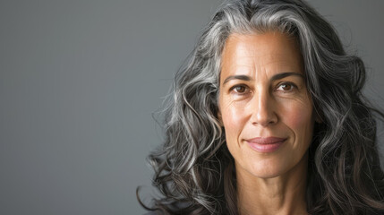 Naklejka premium A confident middleaged woman smiles warmly at the camera, showcasing her maturity and grace against a soft grey backdrop.