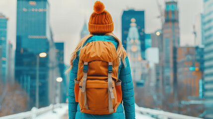 Obraz premium A middleaged woman explores the city streets, equipped with her backpack, embracing the joy of solo travel and adventure.