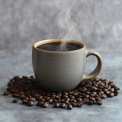 Steaming Hot Coffee Mug Surrounded by Roasted Coffee Beans on Gray Background - Perfect for Coffee Lovers Seeking Rich Aroma and Flavor Inspiration