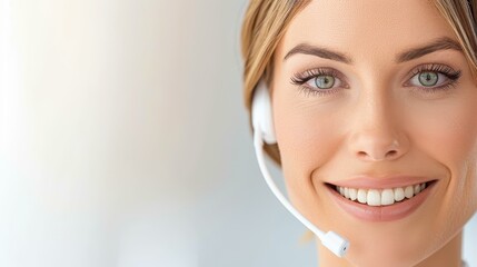 Naklejka premium A warm and attentive call center operator engages with a customer, providing support and solutions from her office.