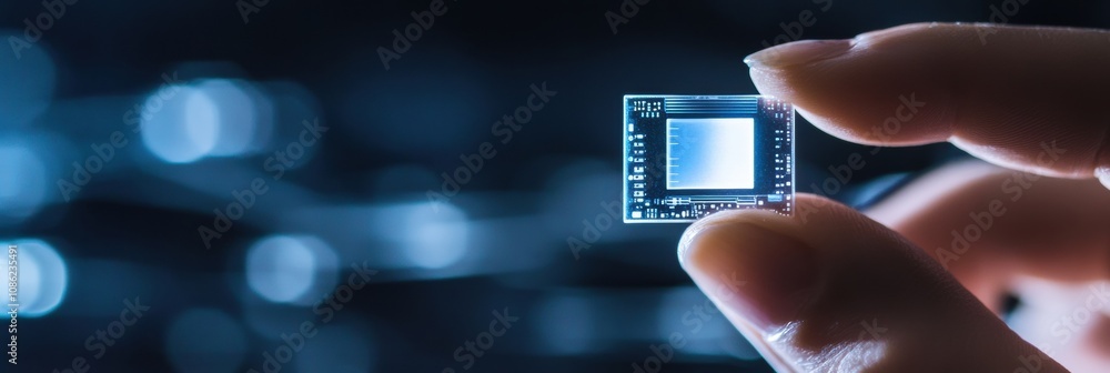 Leinwandbilder A hand is raised with a micro biochip that has a holographic screen showing various health metrics and data. Generative AI