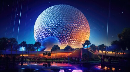Obraz premium Futuristic geodesic sphere building with colorful lights at night