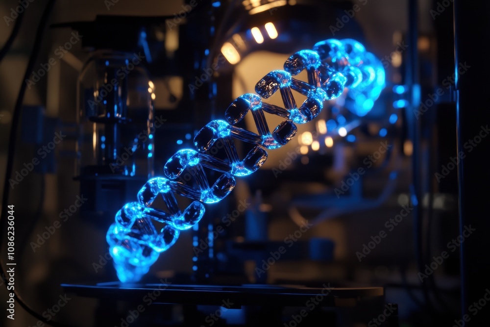 Poster a detailed representation of dna strands illuminated with blue light in a modern laboratory, showcas
