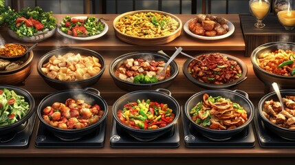 Fototapeta premium Asian food buffet in restaurant multiple food dishes and salad. food vectors. Ultra realistic. Photorealistic