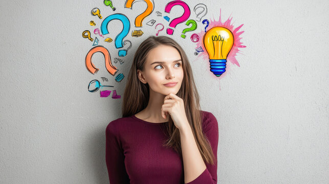 Young woman pondering with question marks and light bulb illustration